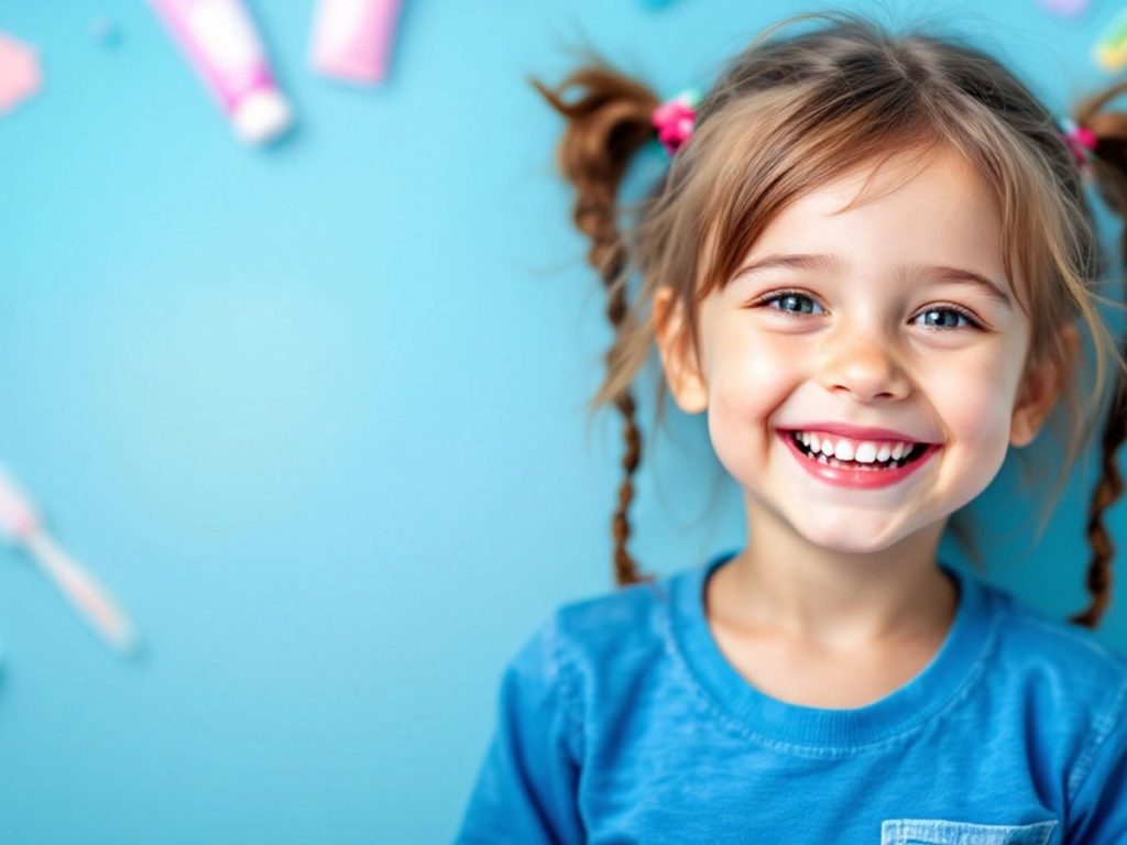 Copil zâmbind cu dinți sănătoși și strălucitori.
