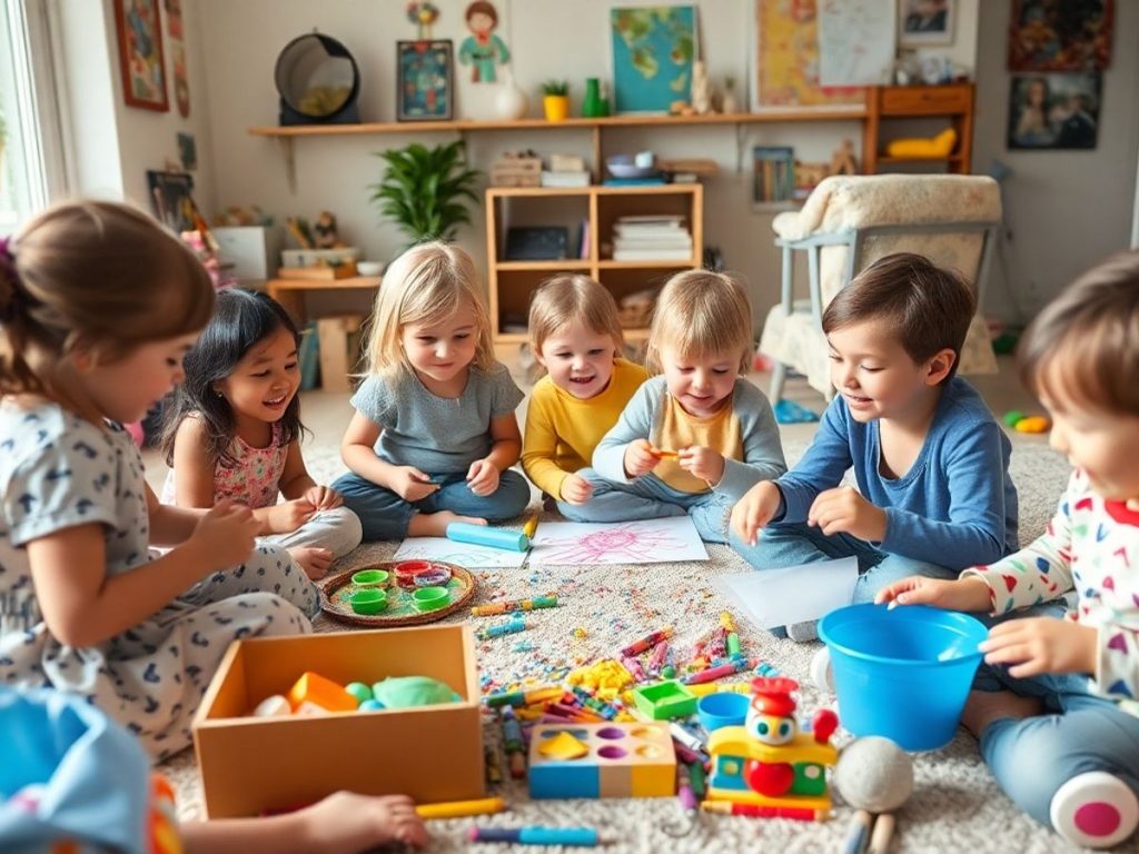 Copii jucându-se creativ acasă cu materiale colorate.