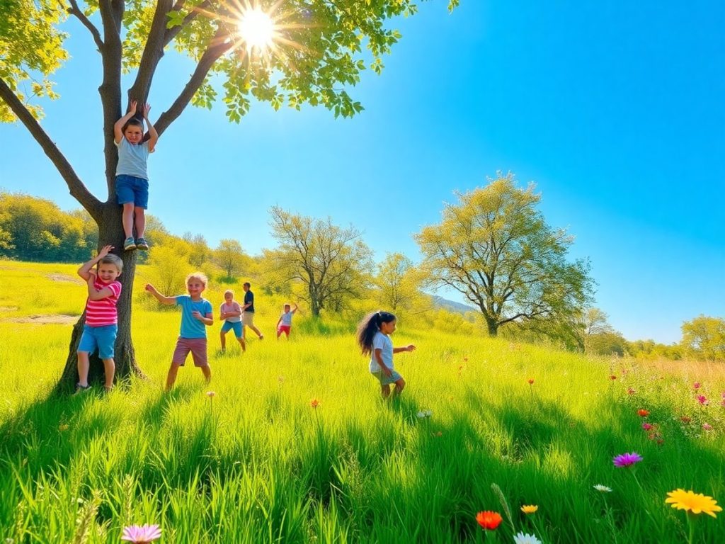 Copii aventuroși jucându-se în natură, explorând și zâmbind.