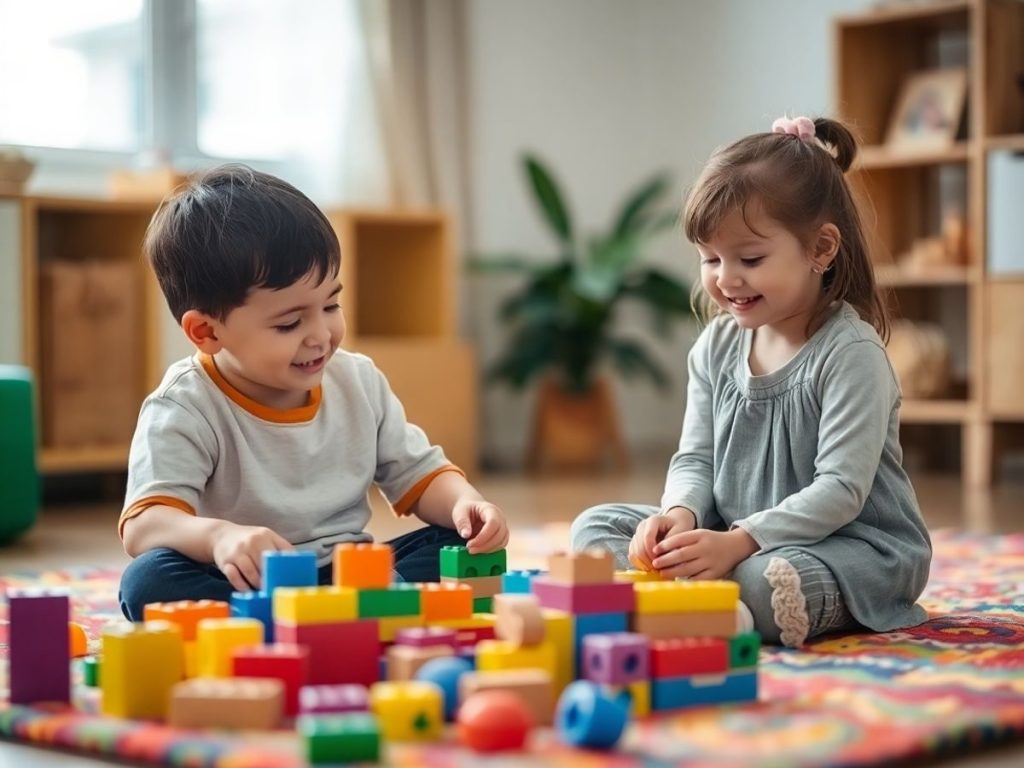 Doi copii zâmbitori se joacă frumos acasă.