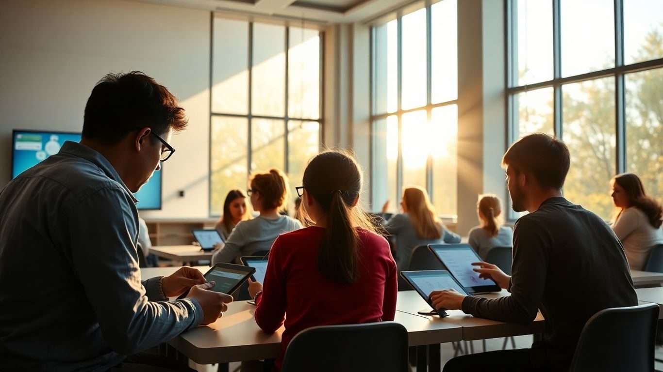 Elevi folosind tehnologie în sala de clasă modernă.