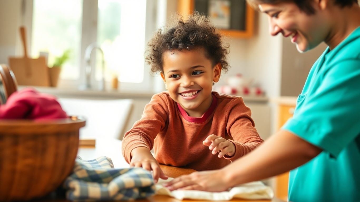 Copilul ajută la treburile casnice cu zâmbetul pe buze.