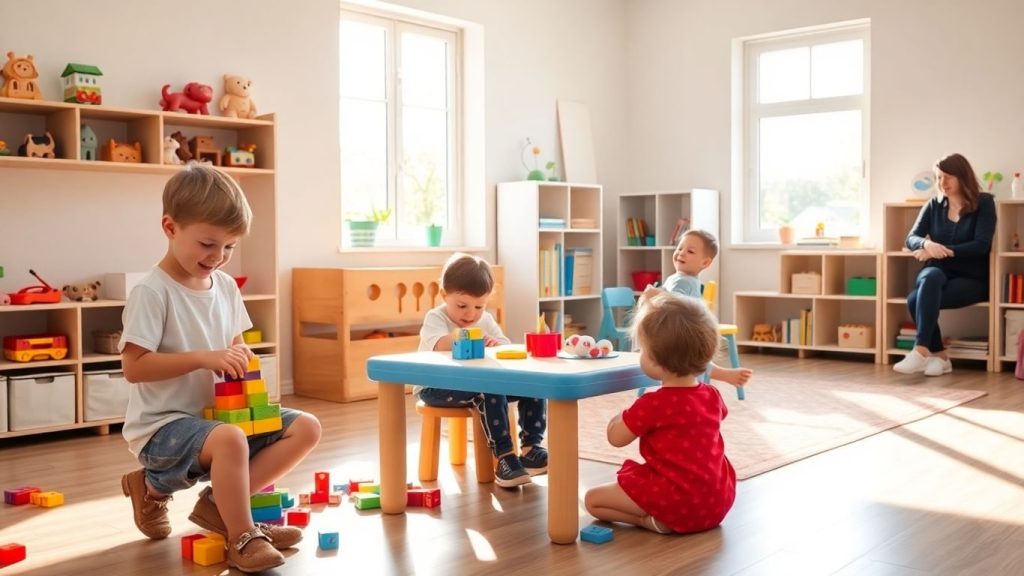 Copii fericiți la grădiniță, jucându-se și învățând.