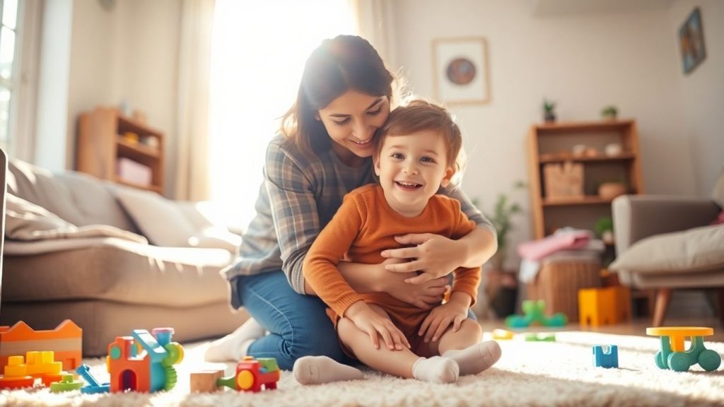 Părinte și copil preșcolar zâmbind în cameră.