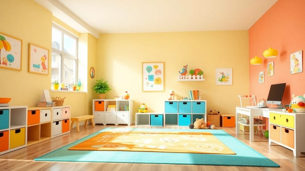 Cameră de copil veselă, colorată, cu mobilier jucăuș.