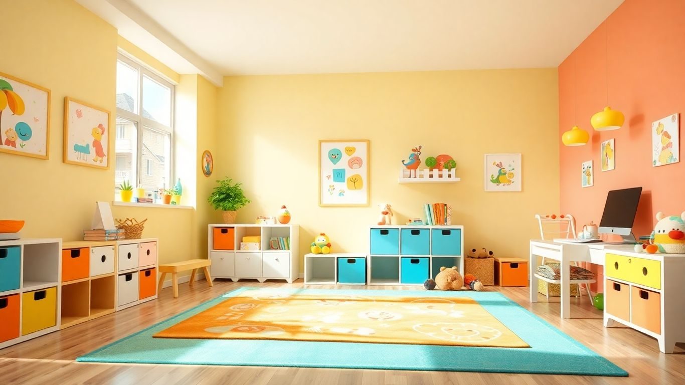 Cameră de copil veselă, colorată, cu mobilier jucăuș.